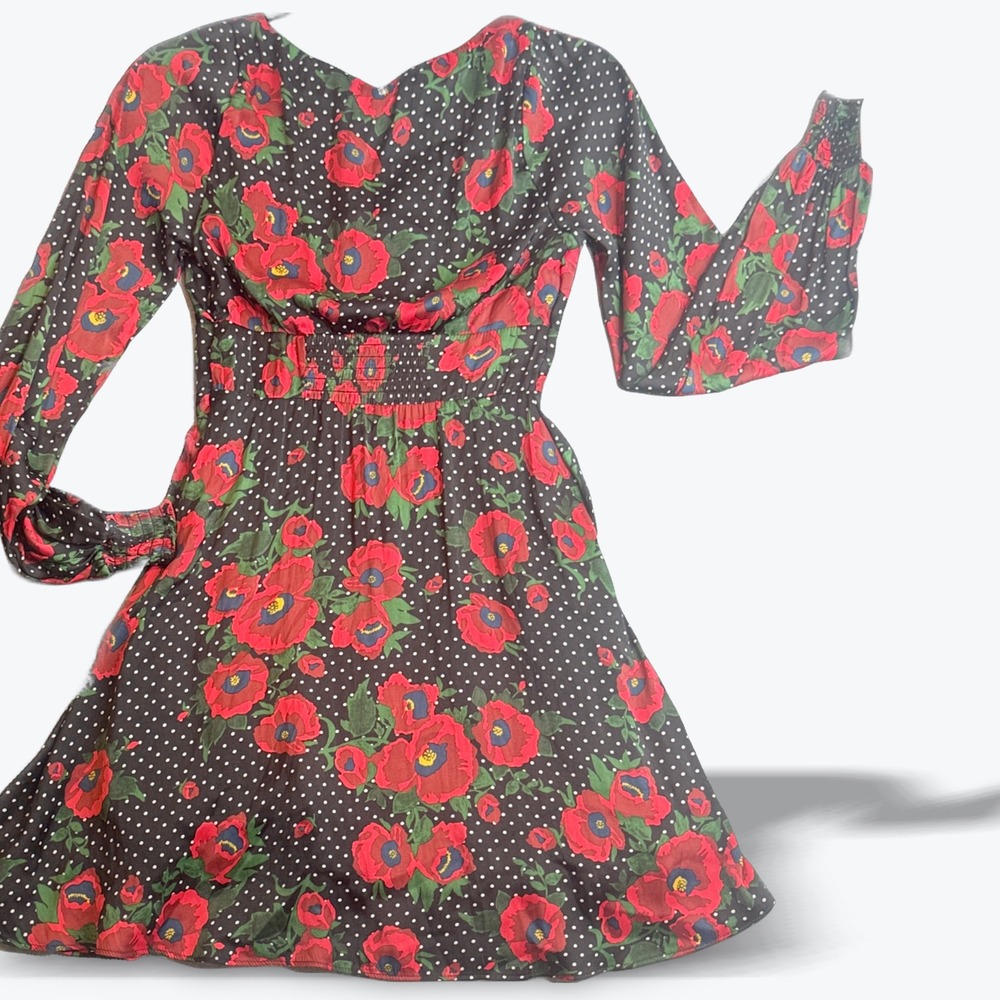 Free‎ People Long Sleeve Mini Dress Tie Front Black Red Floral Polka Dot Size S - Picture 2 of 8